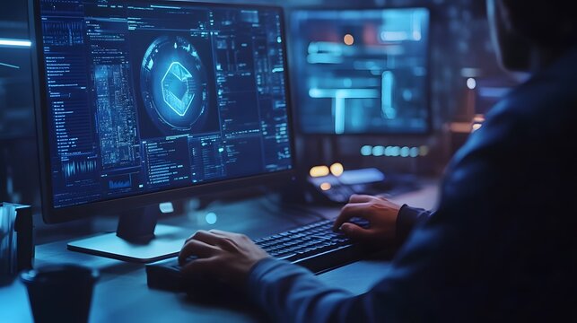 Tech-savvy individual analyzing data, young professional immersed in screens displaying complex information in a dim workspace.