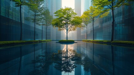 Urban oasis amidst skyscrapers, showcasing lush greenery and reflective surfaces in serene ambiance, featuring a clear square floor against a vibrant city skyline.
