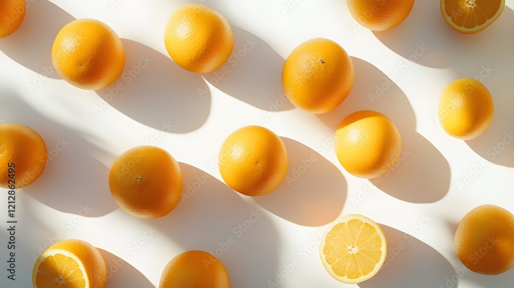 Poster fresh oranges arranged randomly on a light background with shadows