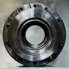 Dark Metallic Circular Industrial Part With Drilled Holes And Rings Internal Structure