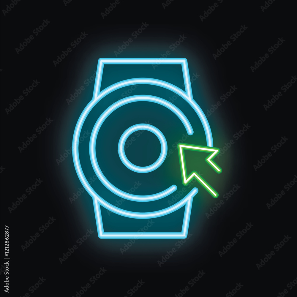 Poster neon smartwatch displaying cursor icon representing wearable technology and user interaction