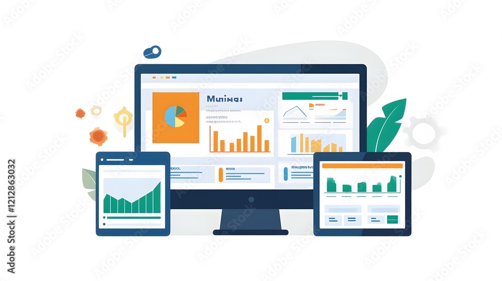 Poster digital workspace, colorful devices displaying data analytics, modern technology theme, ideal for pr