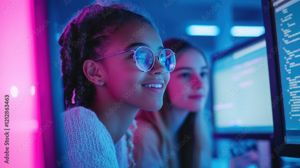 Wall mural young women coding in a vibrant tech environment with neon lights, focused on programming and collab