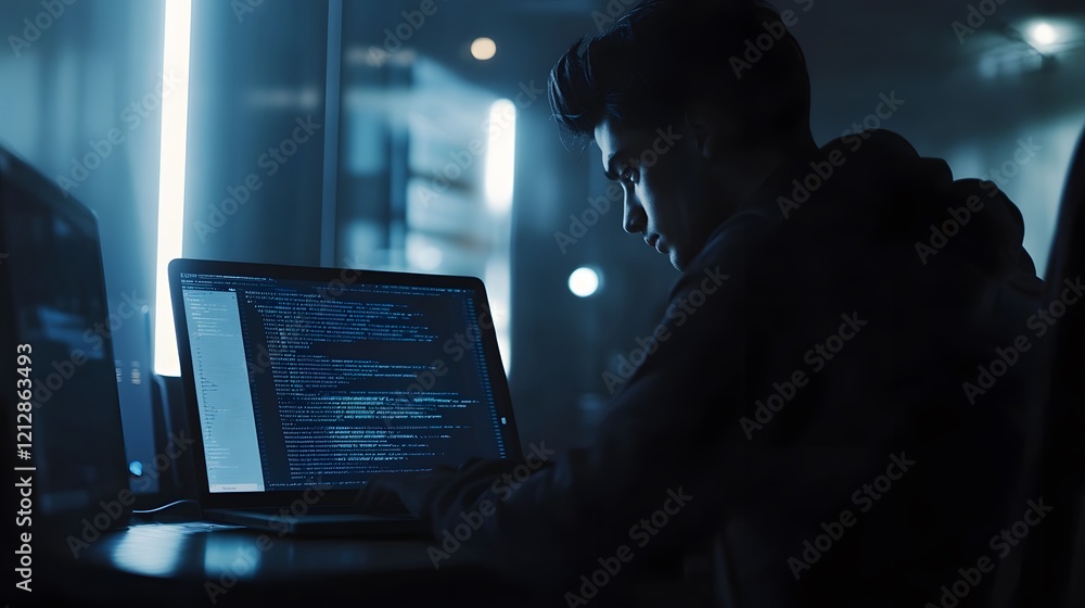 Poster focused individual working intently on computer, dimly lit tech environment, emphasizes concentratio