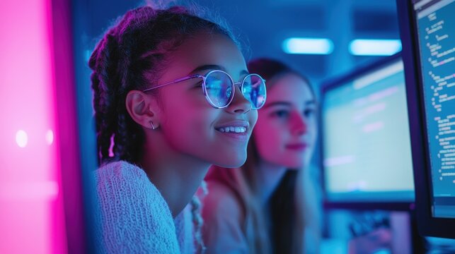 Young women coding in a vibrant tech environment with neon lights, focused on programming and collaboration, exuding innovation and diversity. Perfect for STEM and tech industry themes.