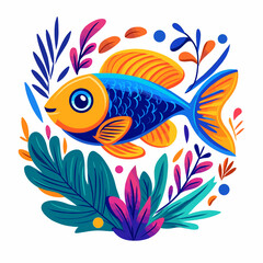 Obraz premium Vector illustration of a cartoon colorful fish with large round eyes surrounded by stylized leaves and branches in vibrant colors symbolizing environmental protection