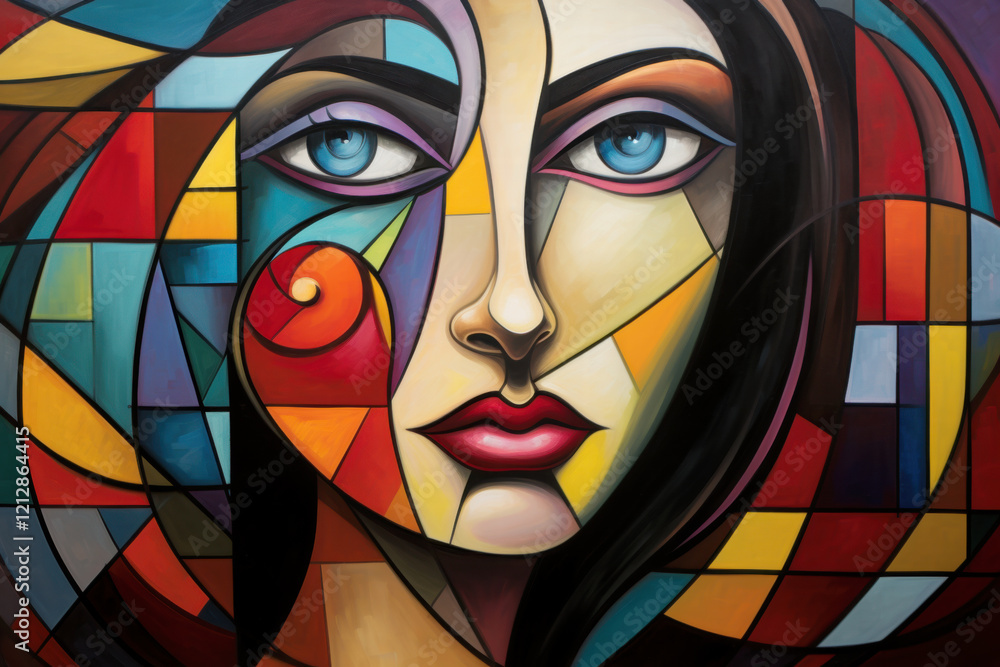 Poster a portrait of a woman with exaggerated features and fragmented patterns in abstract cubist or cubism