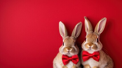 Obraz premium Playful rabbits in red bow ties studio setting animal portrait festive environment close-up view whimsical concept