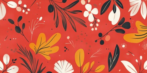 Botanical Art Pattern of Leaves and Flowers on a Reddish Background with Simple Design