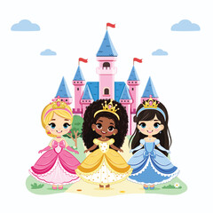 Cute little princesses with beautiful eyes and golden crown stands in front of the castle. Poster, Banner, Flyer, Greeting Card. Vector illustration in flat drawn cartoon style