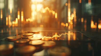 Obraz premium Financial Success: Golden Coins and Rising Stock Market Graph on a Tablet
