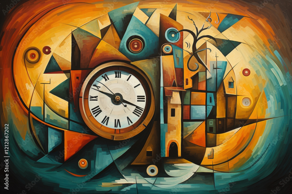 Poster a surreal depiction of a clock with distorted time and geometric shapes in abstract cubist or cubism