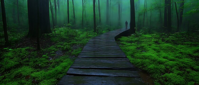 Misty forest path with lone figure.