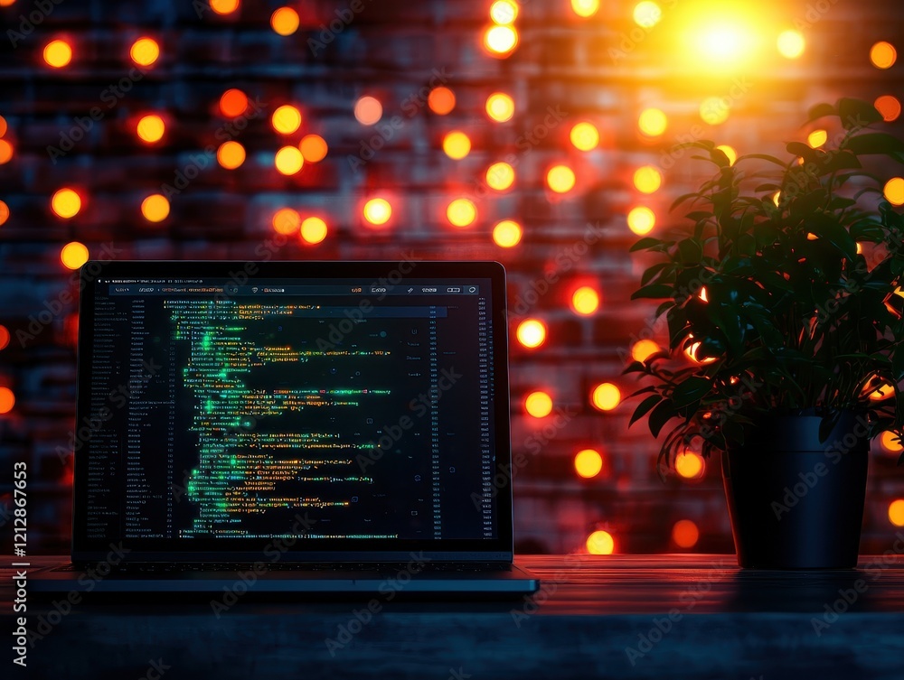 Poster a laptop displaying code sits on a table next to a potted plant, illuminated by warm, glowing lights