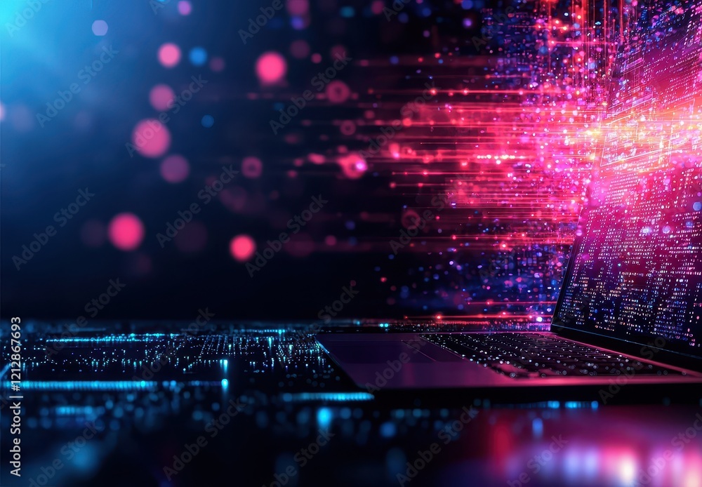 Poster a glowing laptop emits vibrant data streams, symbolizing technology and digital transformation in a 