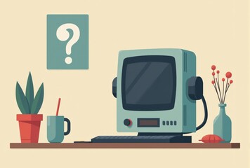 Illustration of Retro Computer Workstation with Question Mark