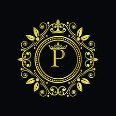 Elegant Golden Letter P Logo with Ornamental Crown and Floral Frame for Luxury Branding  
