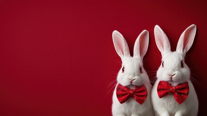Obraz premium Adorable rabbits in red bow ties festive celebration animals studio setting close-up joyful moments