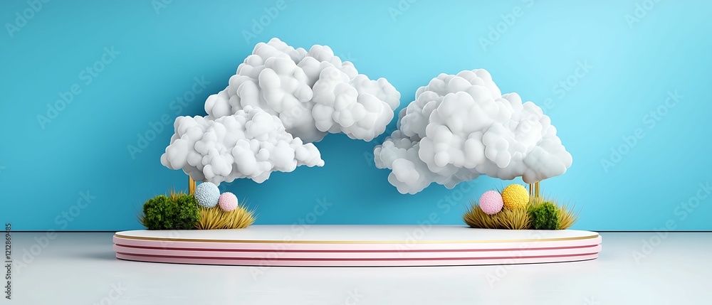 Poster a whimsical scene featuring fluffy clouds and colorful trees against a light blue background, creati