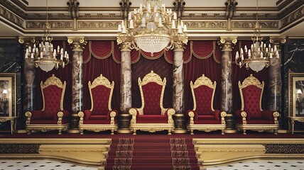 Fototapeta premium Grand Throne Room Design Opulent Golden Thrones, Red Carpet, Marble Columns, and Elegant Chandeliers