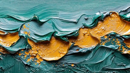 Thick teal and gold oil paint strokes on canvas.