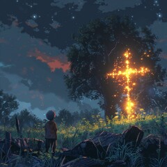 Glowing Cross Shining On Tree With Figure Observing At Night Sky With Stars