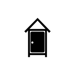 Black and white icon of a beach changing cabin with pointed roof and door handle.