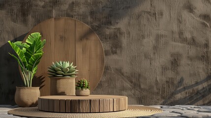 Eco-friendly boho with rustic interiors. Natural decor with plants on wooden platform against textured wall.