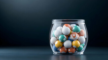 Colorful balls in glass jar on dark background;  concept of variety, choice, or opportunity