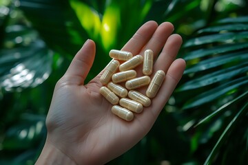 A hand holding kratom capsules against a natural background, showcasing the product in a clean and organic setting.