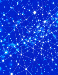 Blue abstract background with a network grid and particles connected, sticker style, with white tones