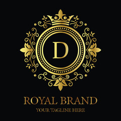 Elegant luxury logo design D with gold crown and floral elements for premium royal branding  
