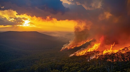Forest wildfire at sunset with intense flames and smoke silhouetted against an orange sky, symbolizing danger and environmental crisis. Perfect for natural disaster and ecology themes.
