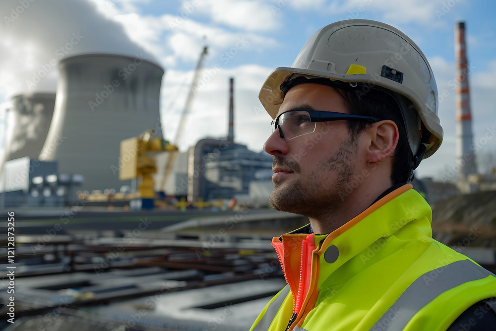 Poster engineer controling a nuclear reactor turbine in industrial setting generative ai image