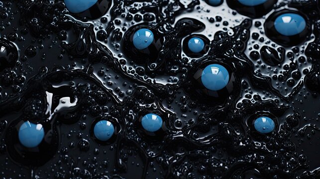 Black mud or sludge with blue balls stuck in it. Oil. Abstract background. Illustration for banner, poster, cover, brochure or presentation.