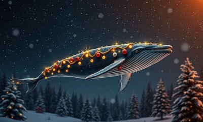 Whale of a Holiday: A whimsical and festive image showcasing a majestic blue whale adorned with twinkling Christmas lights against a backdrop of a snowy forest.