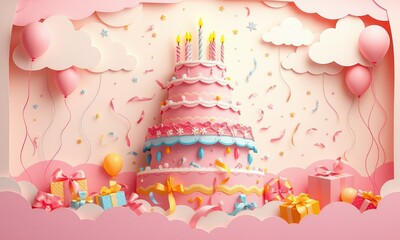 Pink Celebration Cake: A whimsical, layered pink birthday cake adorned with candles, surrounded by pastel balloons, gifts, and confetti, set against a charming paper-craft style background.