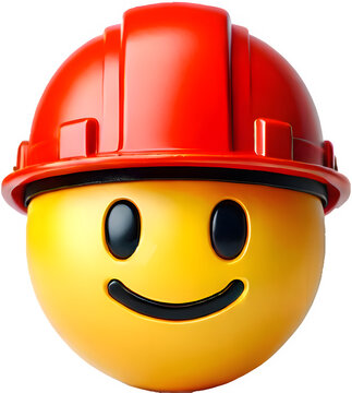 A yellow 3D face emoji in a construction white helmet with bold features, glossy finish on a transparent background, capturing the essence of joy and safety in a playful design.