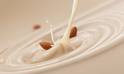Almond Milk Splash: A close-up of almond milk being poured, creating a swirling vortex with splashes and floating almonds, a creamy and visually appealing image for dairy-free and vegan products.