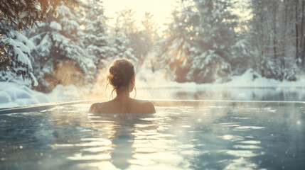 Fototapeta premium A serene scene of a young woman relaxing in a steaming jacuzzi, surrounded by a snowy winter forest, soft sunlight breaking through the trees, with warm steam rising into the crisp air
