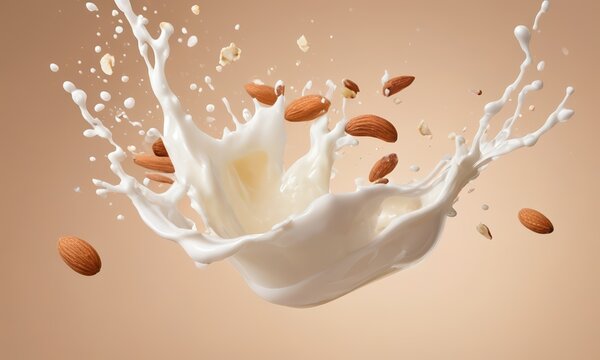 Almond Milk Splash: A captivating image of almond milk splashing and swirling with whole almonds scattered around. The milky white liquid explodes with energy against a soft brown background.