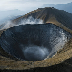 A dormant volcano with a large crater and mist surrounding the peak ultra HD