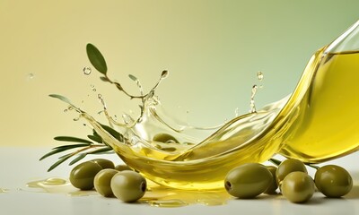 Olive Oil Splash: A vibrant burst of golden olive oil creates a captivating splash, surrounded by fresh green olives and a sprig of rosemary.