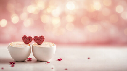 Two cappuccinos in white cups with heart-shaped foam on a white table. Warm, romantic background evoking Valentine's Day. Minimalist, cozy, and elegant atmosphere.