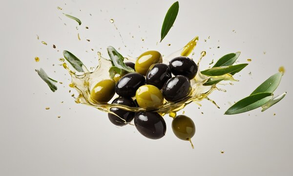 Olive Oil Splash: A burst of vibrant energy as olives and olive leaves splash in a cascade of golden olive oil, capturing the essence of Mediterranean freshness and flavor. 