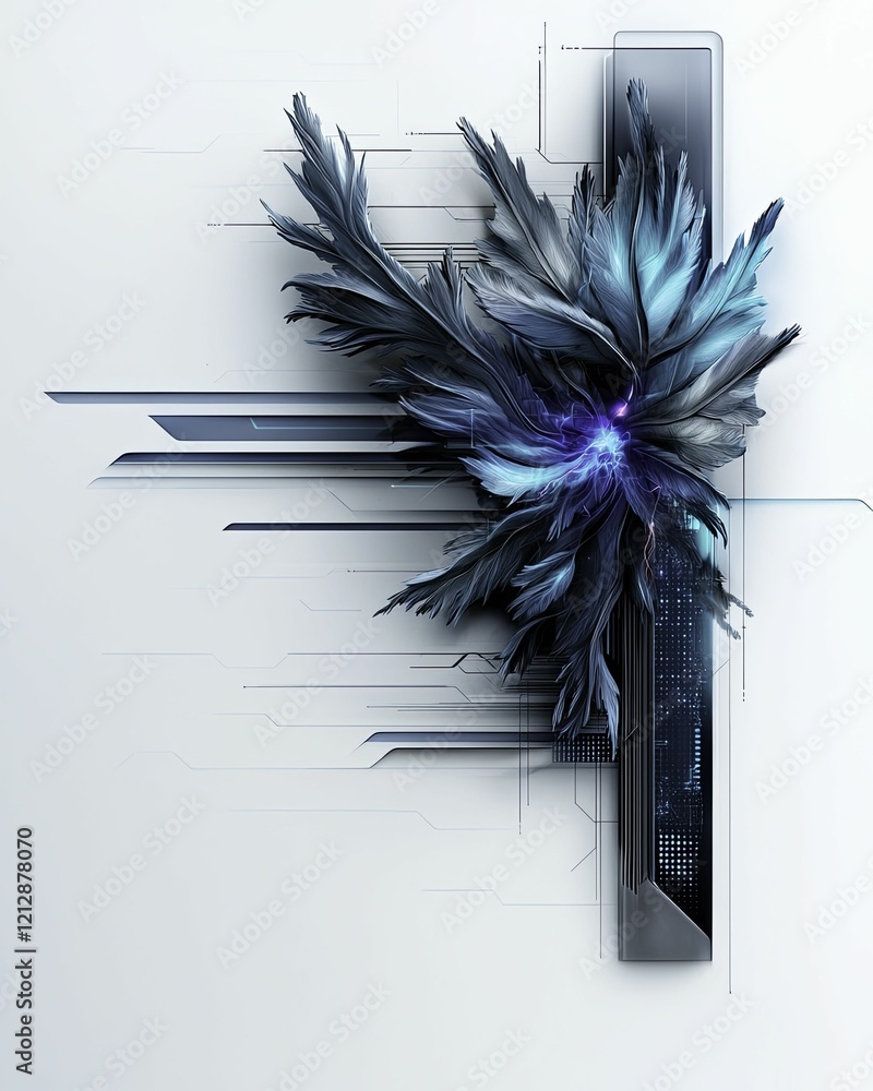 Poster an abstract design featuring a vibrant, feather-like structure in blues and blacks, contrasted again