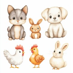 Hand-Drawn Watercolor Illustration Kitten, Puppy, Dog, Chicken Bunny White Background