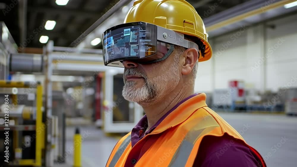 Poster industrial worker wearing ar glasses and a hard hat stands in a factory, engaging with augmented rea