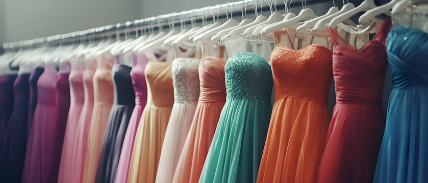 choice of fashionable pastel dresses hanging on a hanger in a shop / boutique inside; concept of beautiful outfit for wedding, prom, debutante ball; side view