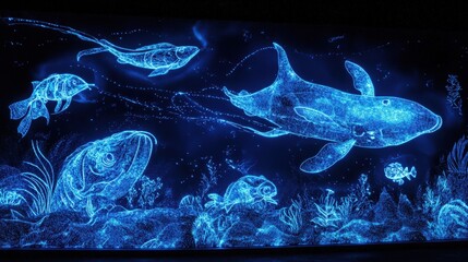Glowing Blue Ocean Life Artwork Depicts Various Fish and Marine Plants